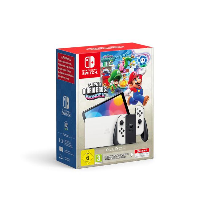 Nintendo Switch Konsole - OLED - Weiß - 64GB - Joycon Controller - inkl. inkl. Super Mario Bros. Wonder (vorinst.) + 12 Monate Nintendo Online